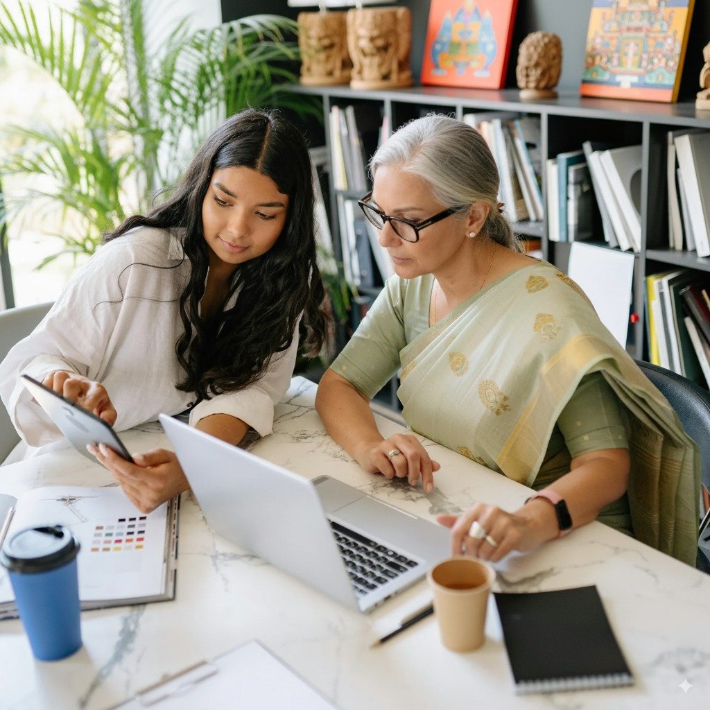 Two professional women discussing work on a laptop and tablet in a contemporary office setting. i want a replica of this image replacing the foreign womena and whole vibe of that foerign office to a somthing which depicts a modern kerala look ,,
